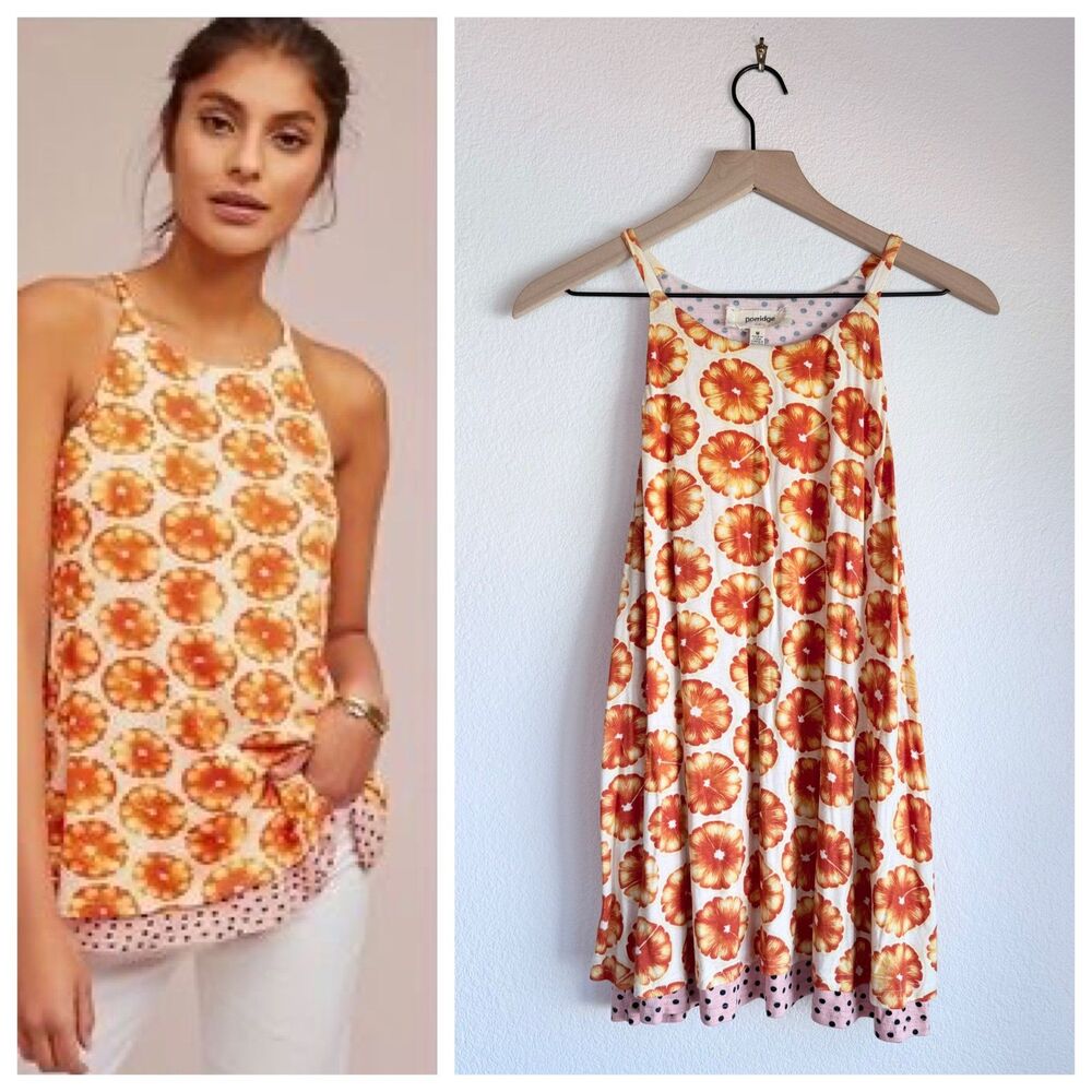 Anthropologie Porridge Citrus Orange Slice Polka Dot Swing Tank Top Size M EUC